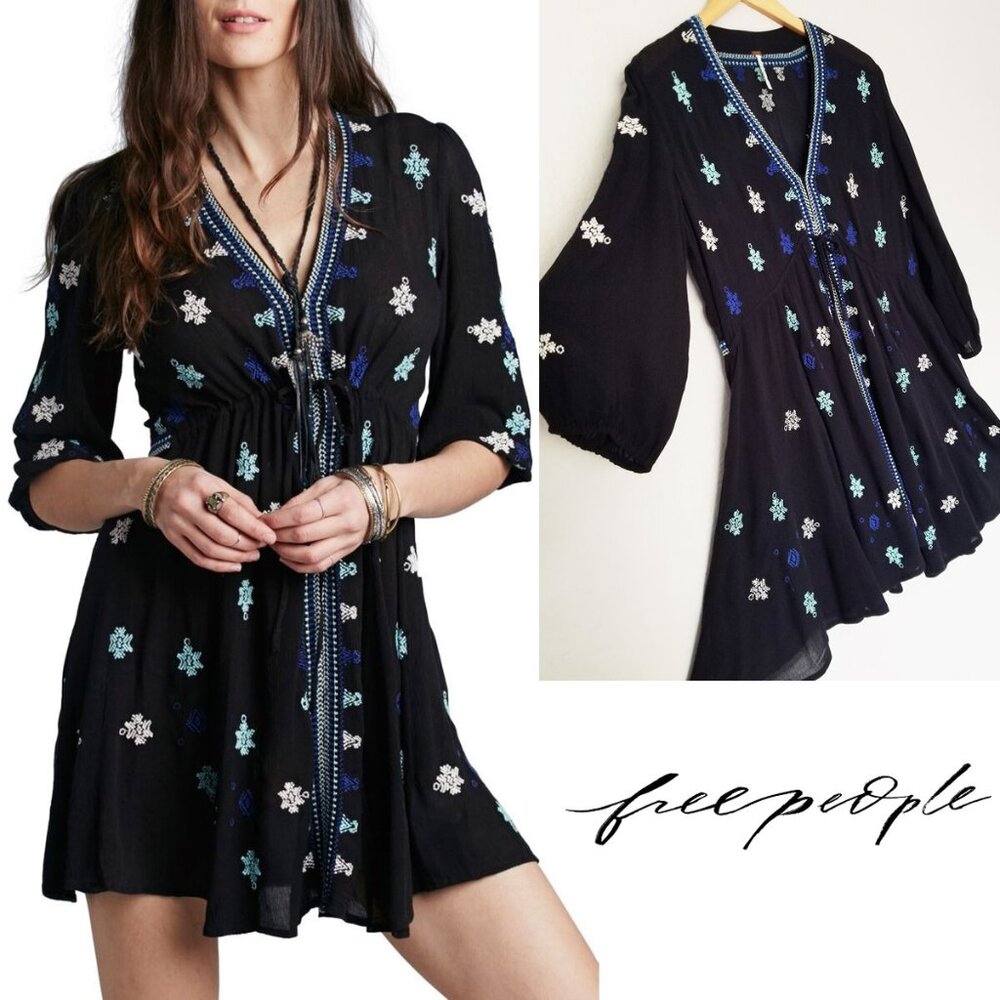FREE PEOPLE Star Gazer Embroidered Boho Mini Dress Coverup Black XS Tunic $128